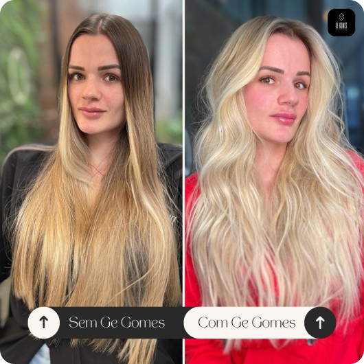 Antes e depois de mechas - transformação capilar Ge Gomes Medianeira
